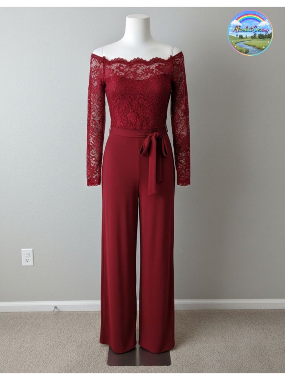 Off Shoulder Lace Jumpsuit Long Sleeve Belted Dressy Party Overalls
